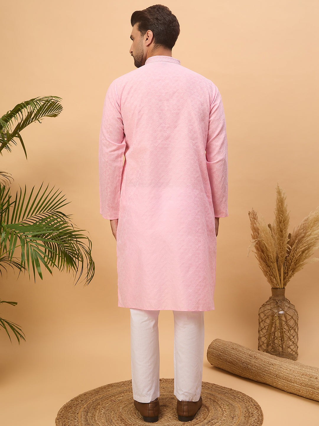 Men Pink Silk Blend Solid Embroidered Straight Kurta-MKU1454