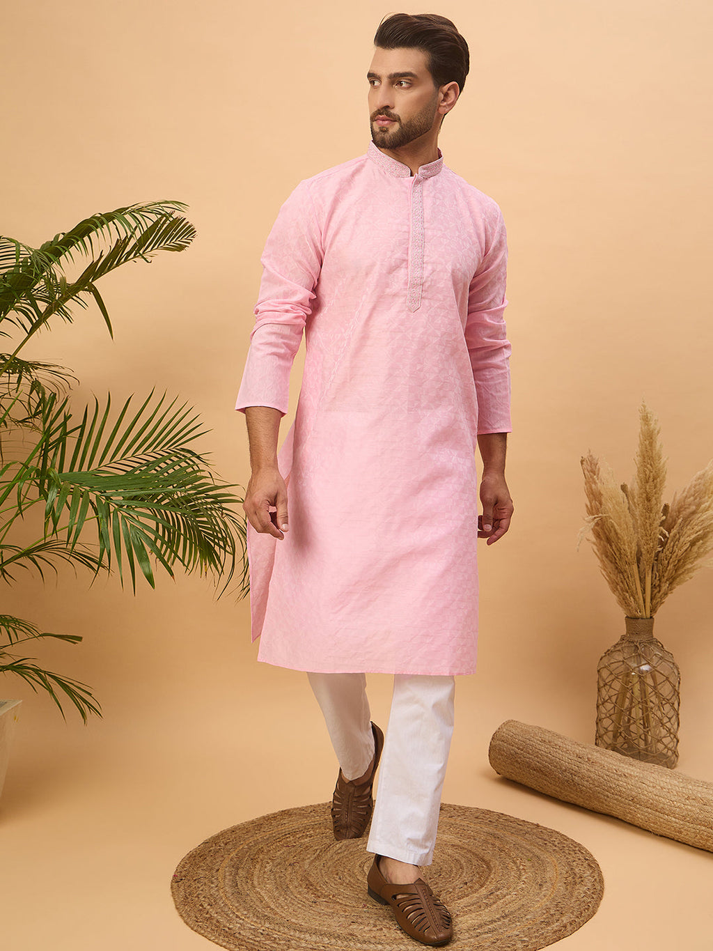 Men Pink Silk Blend Solid Embroidered Straight Kurta-MKU1454
