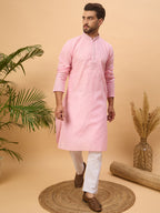 Men Pink Silk Blend Solid Embroidered Straight Kurta-MKU1454