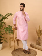 Men Pink Silk Blend Solid Embroidered Straight Kurta-MKU1454