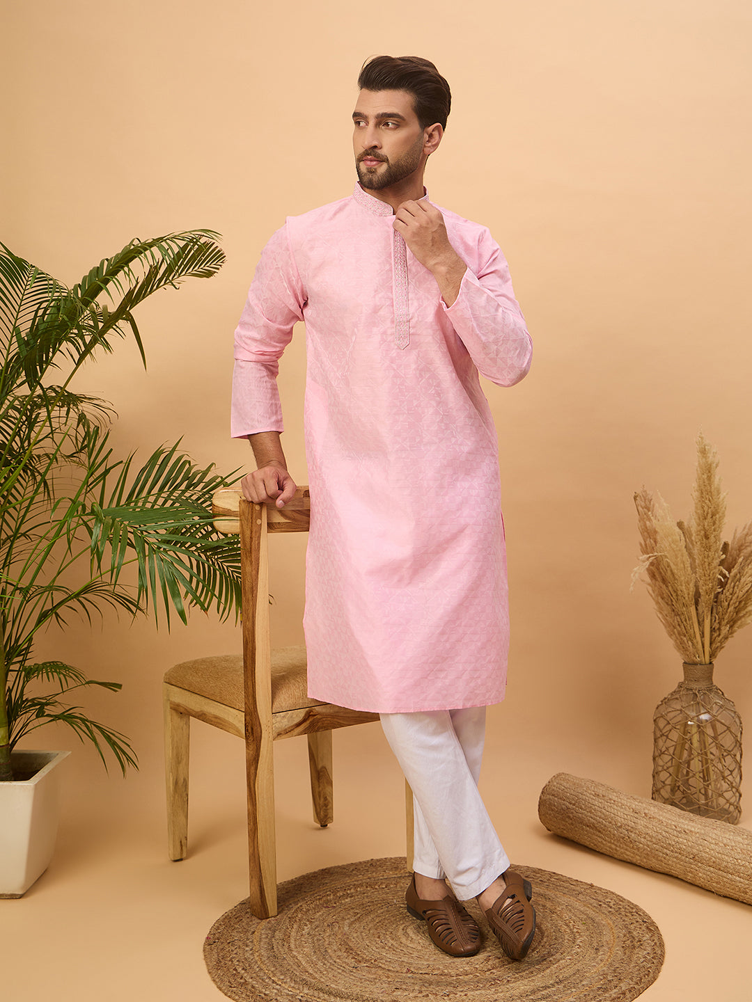 Men Pink Silk Blend Solid Embroidered Straight Kurta-MKU1454
