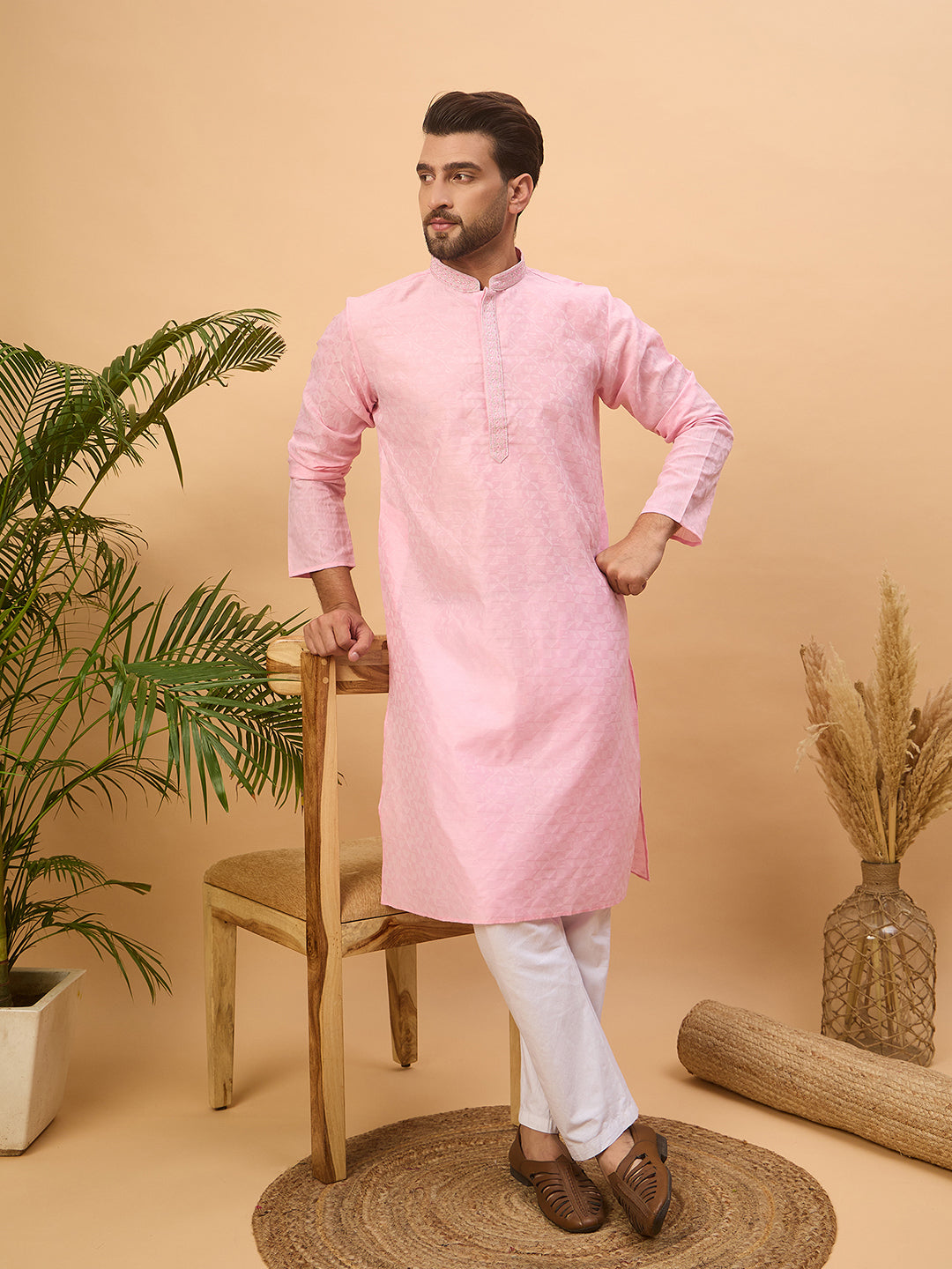 Men Pink Silk Blend Solid Embroidered Straight Kurta-MKU1454