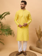 Men Yellow Silk Blend Solid Embroidered Straight Kurta-MKU1455
