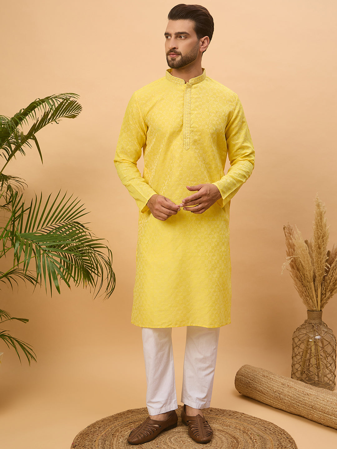 Men Yellow Silk Blend Solid Embroidered Straight Kurta-MKU1455