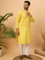 Men Yellow Silk Blend Solid Embroidered Straight Kurta-MKU1455