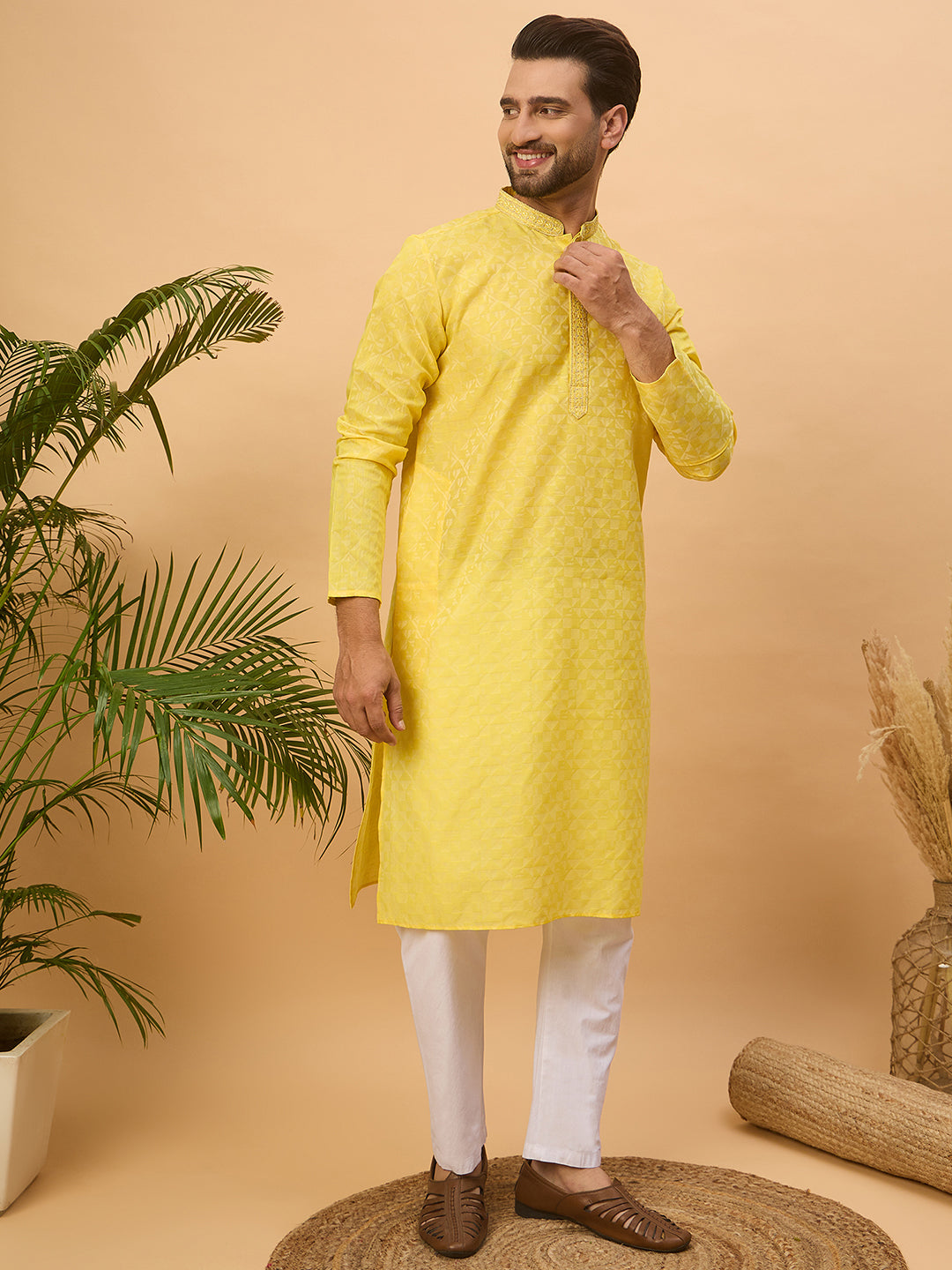 Men Yellow Silk Blend Solid Embroidered Straight Kurta-MKU1455