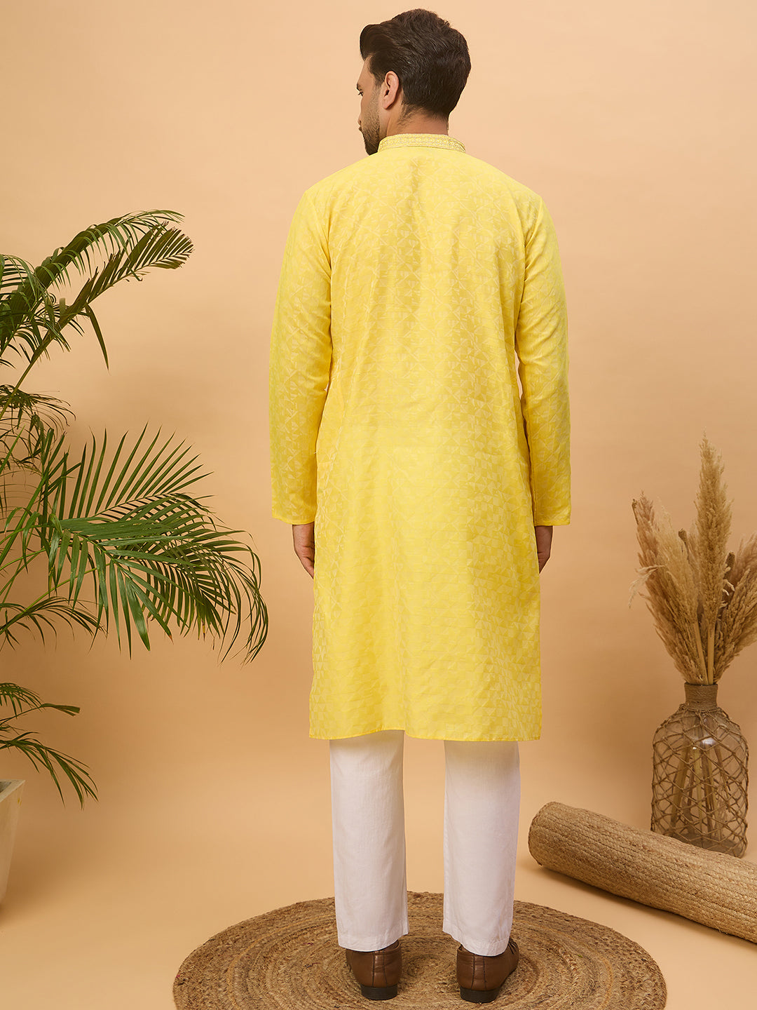 Men Yellow Silk Blend Solid Embroidered Straight Kurta-MKU1455