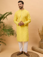 Men Yellow Silk Blend Solid Embroidered Straight Kurta-MKU1455