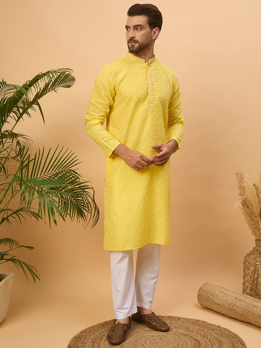 Men Yellow Silk Blend Solid Embroidered Straight Kurta-MKU1455