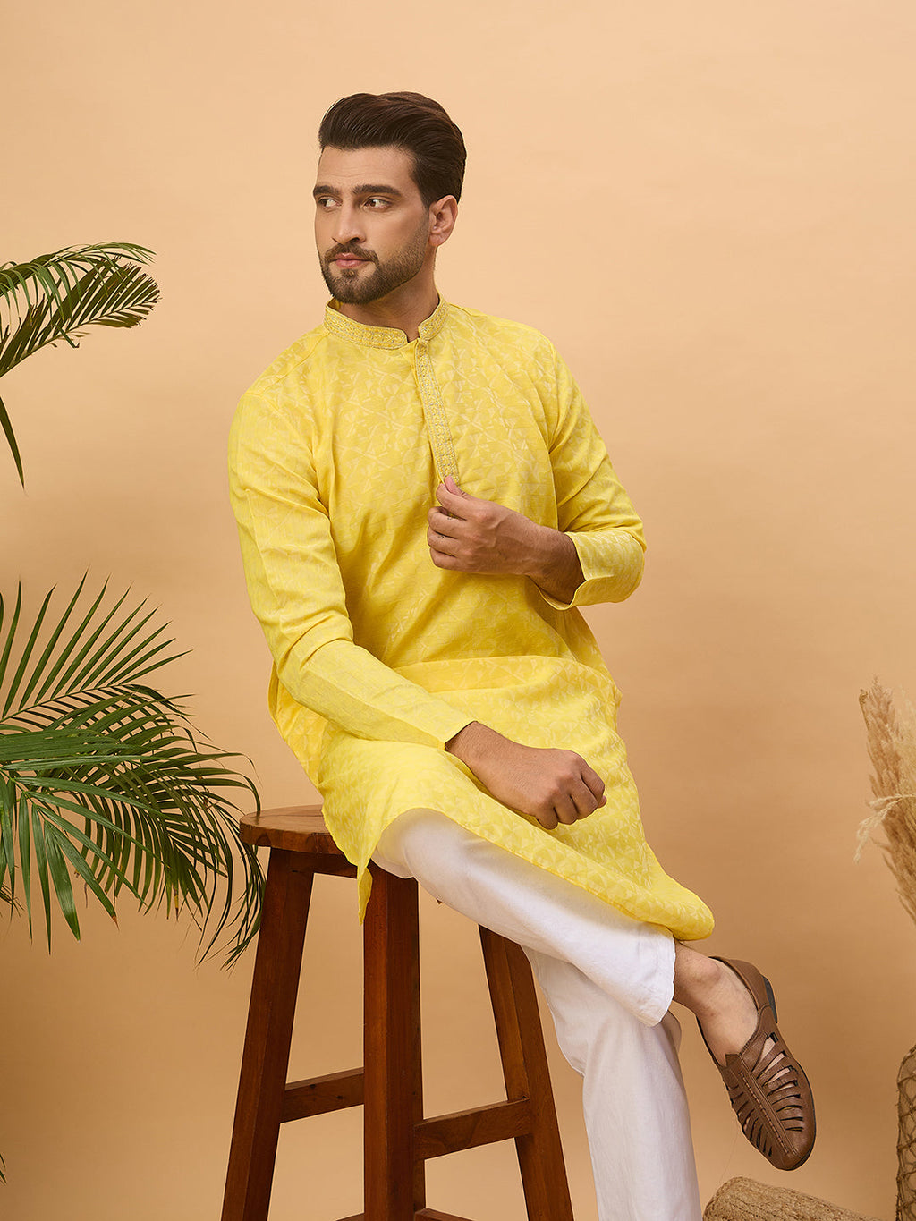 Men Yellow Silk Blend Solid Embroidered Straight Kurta-MKU1455