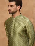 Men Green Silk Blend Solid Woven Design Straight Kurta-MKU1456