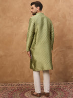 Men Green Silk Blend Solid Woven Design Straight Kurta-MKU1456