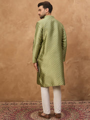 Men Green Silk Blend Solid Woven Design Straight Kurta-MKU1456
