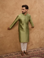 Men Green Silk Blend Solid Woven Design Straight Kurta-MKU1456