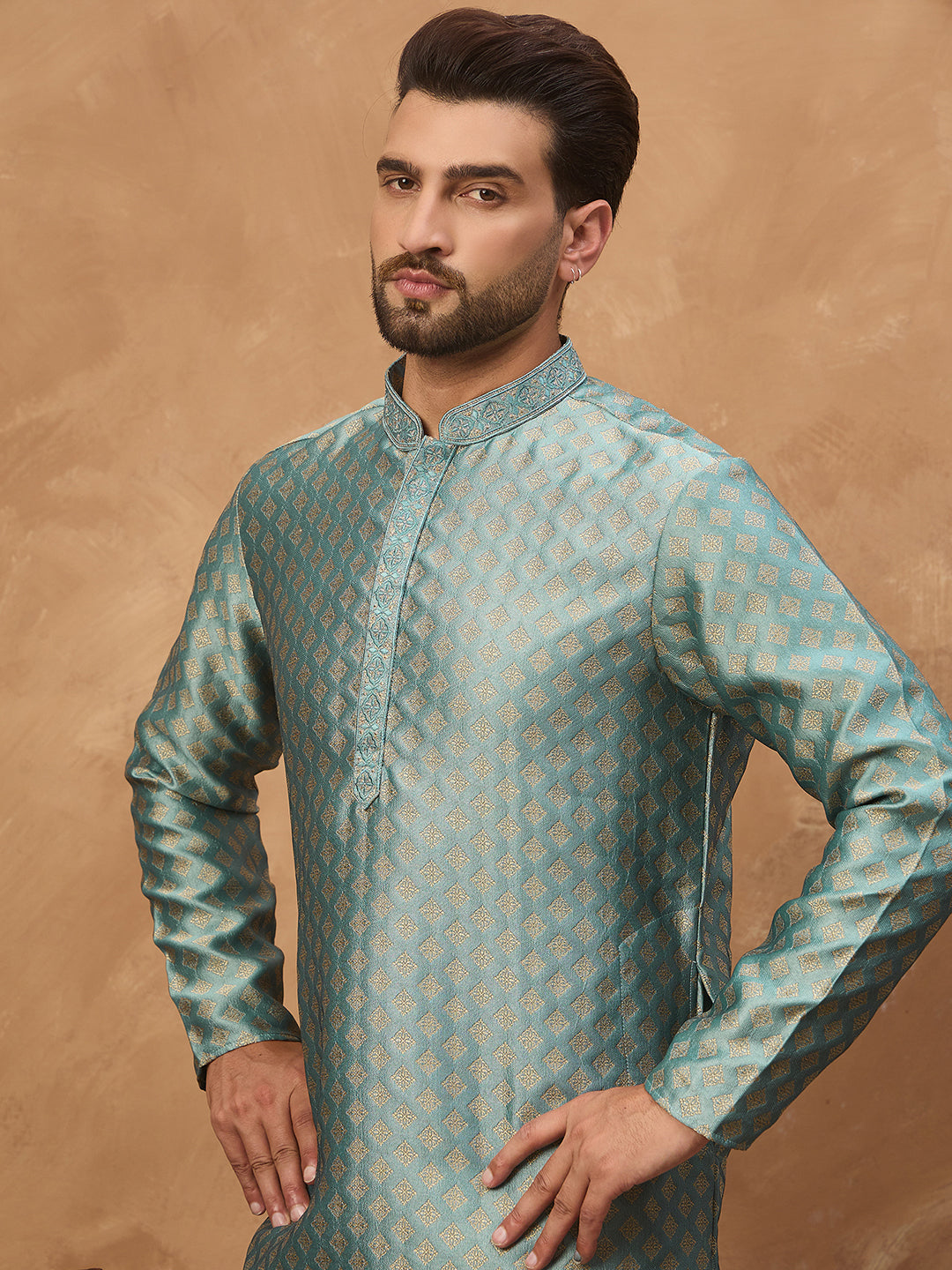 Men Blue Silk Blend Solid Woven Design Straight Kurta-MKU1457