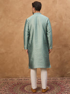 Men Blue Silk Blend Solid Woven Design Straight Kurta-MKU1457