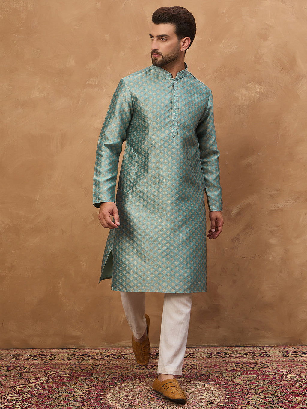 Men Blue Silk Blend Solid Woven Design Straight Kurta-MKU1457