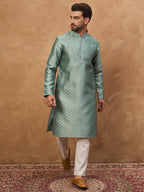 Men Blue Silk Blend Solid Woven Design Straight Kurta-MKU1457