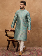 Men Blue Silk Blend Solid Woven Design Straight Kurta-MKU1457