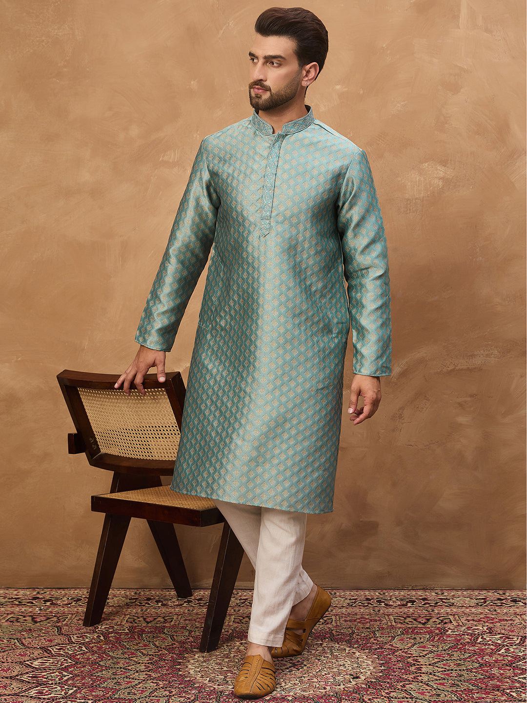 Men Blue Silk Blend Solid Woven Design Straight Kurta-MKU1457