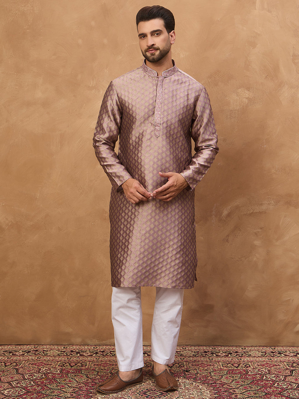 Men Mauve Silk Blend Solid Woven Design Straight Kurta-MKU1458