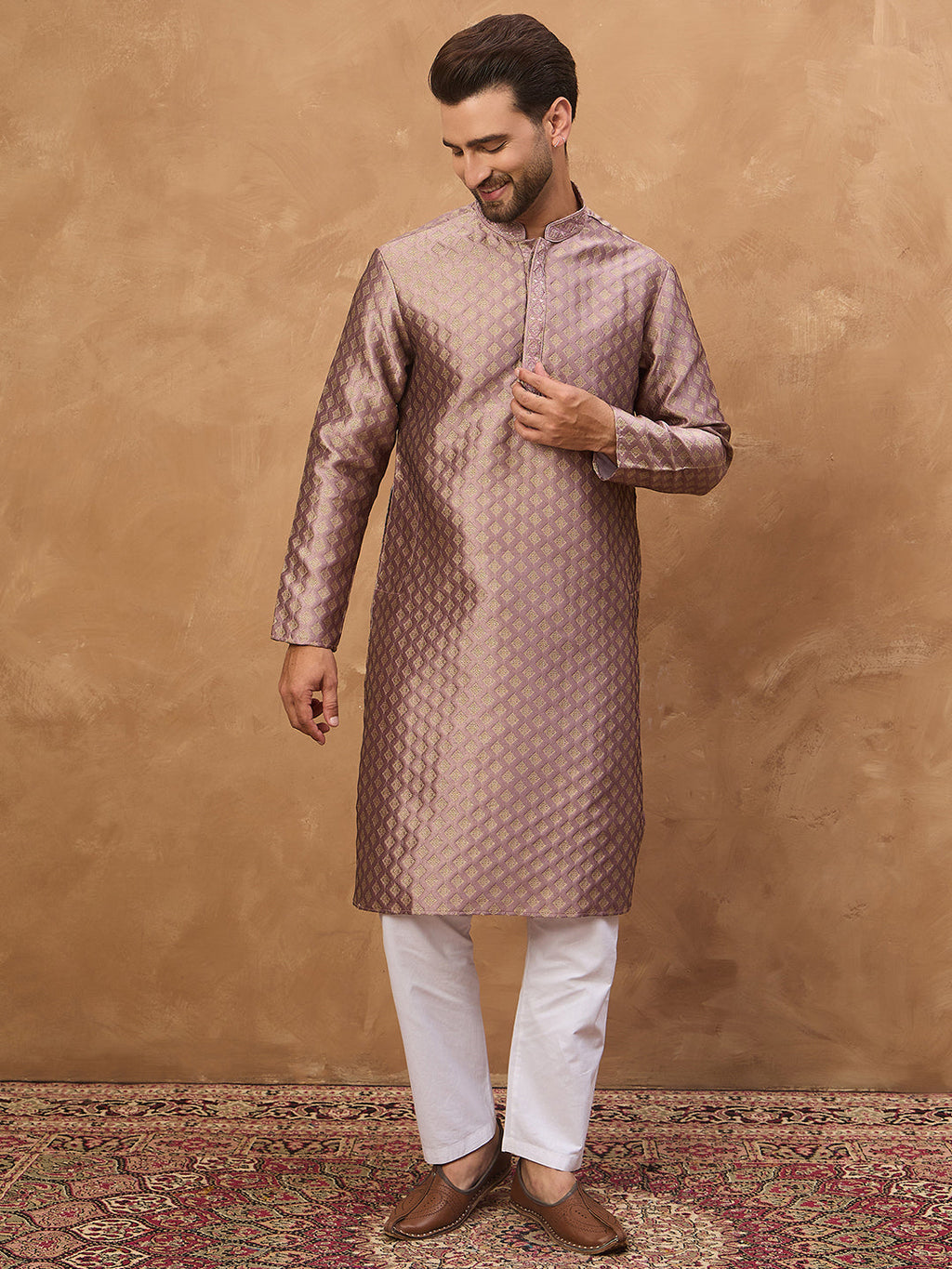 Men Mauve Silk Blend Solid Woven Design Straight Kurta-MKU1458