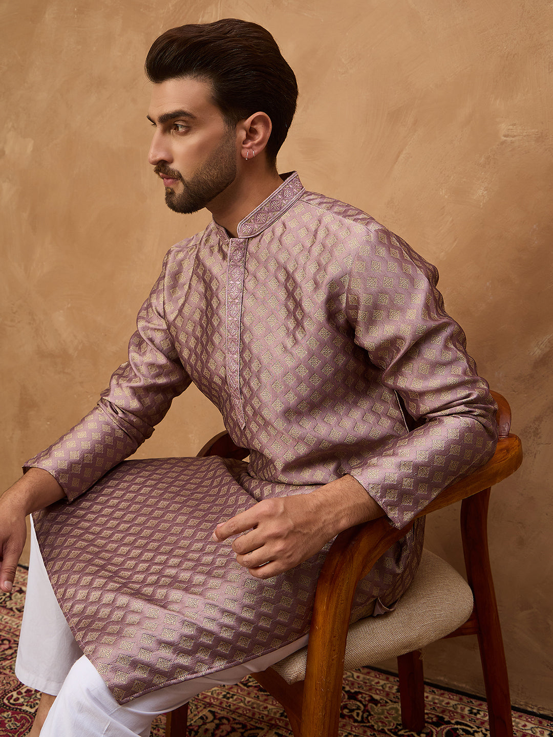 Men Mauve Silk Blend Solid Woven Design Straight Kurta-MKU1458