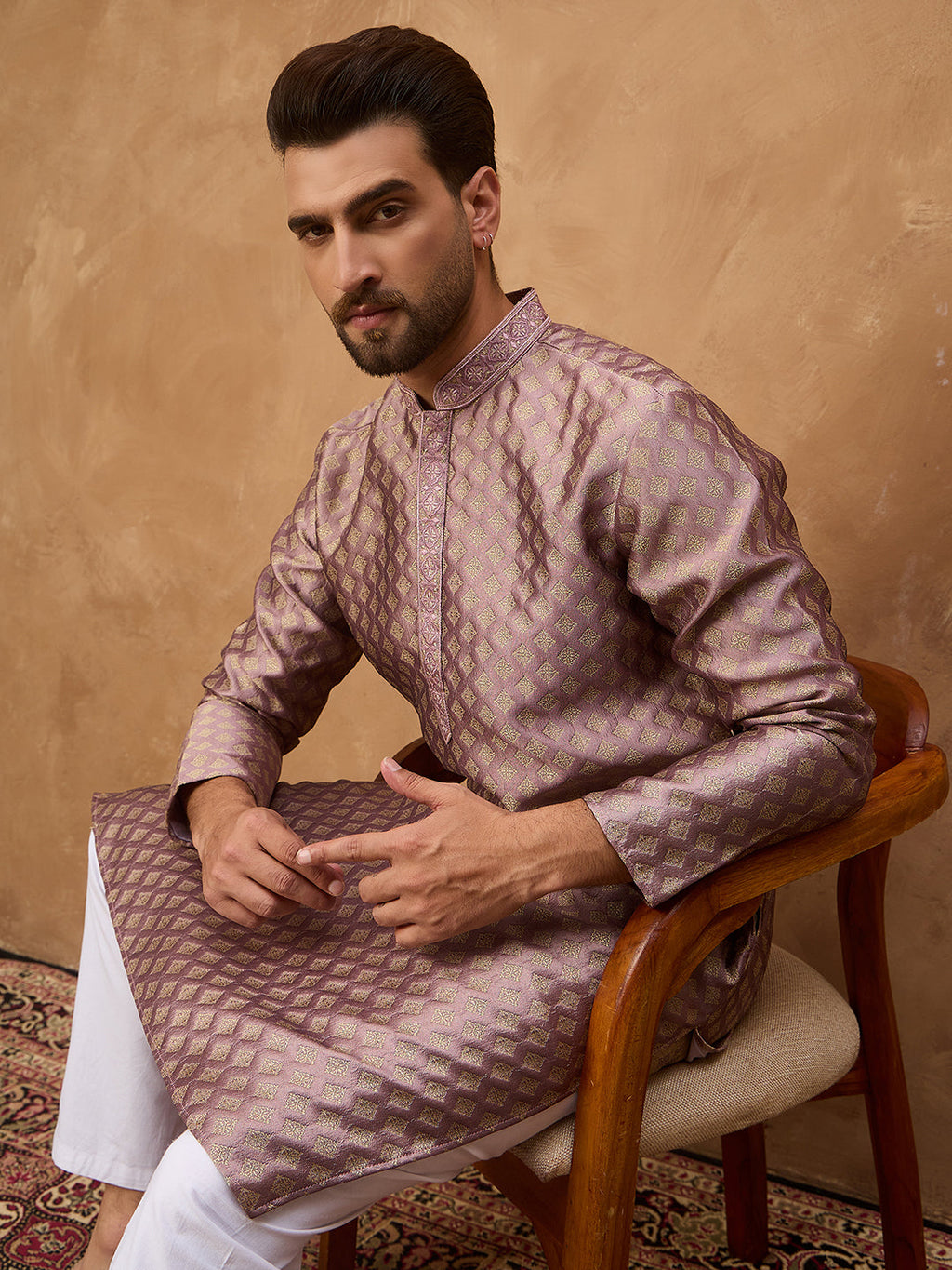 Men Mauve Silk Blend Solid Woven Design Straight Kurta-MKU1458