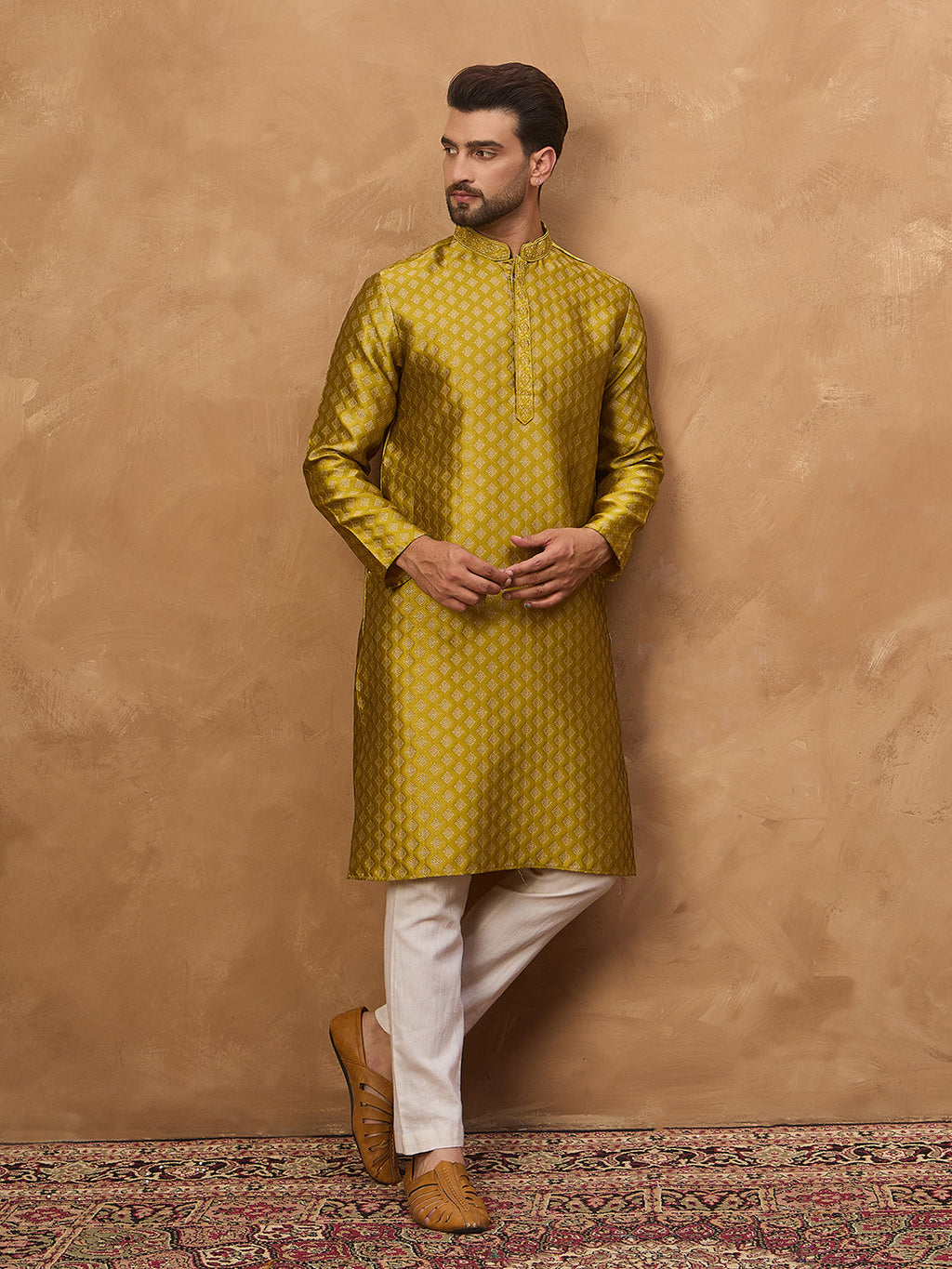 Men Yellow Silk Blend Solid Woven Design Straight Kurta-MKU1459