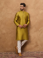 Men Yellow Silk Blend Solid Woven Design Straight Kurta-MKU1459
