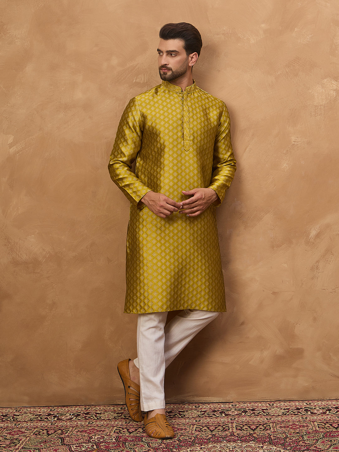 Men Yellow Silk Blend Solid Woven Design Straight Kurta-MKU1459