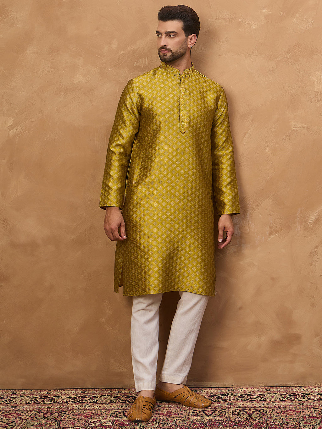 Men Yellow Silk Blend Solid Woven Design Straight Kurta-MKU1459