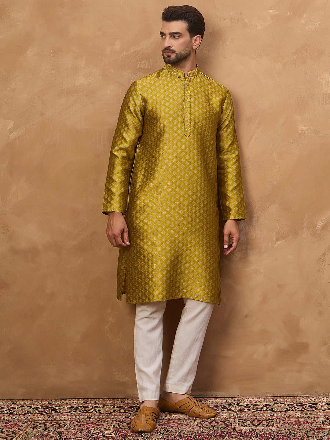 Men Yellow Silk Blend Solid Woven Design Straight Kurta-MKU1459