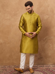 Men Yellow Silk Blend Solid Woven Design Straight Kurta-MKU1459