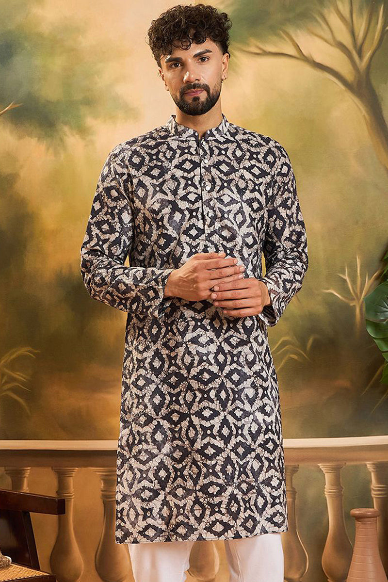 Blue Cotton Batik Embroidered Straight Kurta MKU1460