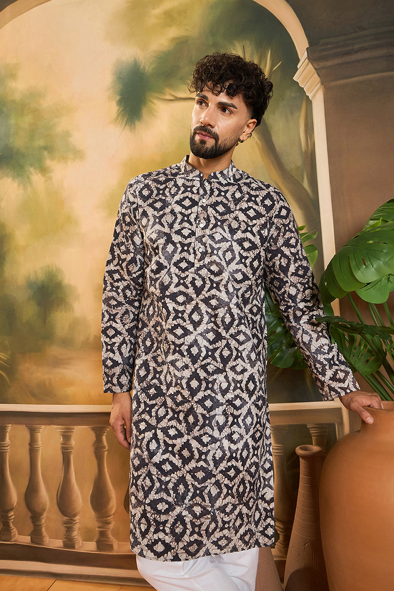 Blue Cotton Batik Embroidered Straight Kurta MKU1460