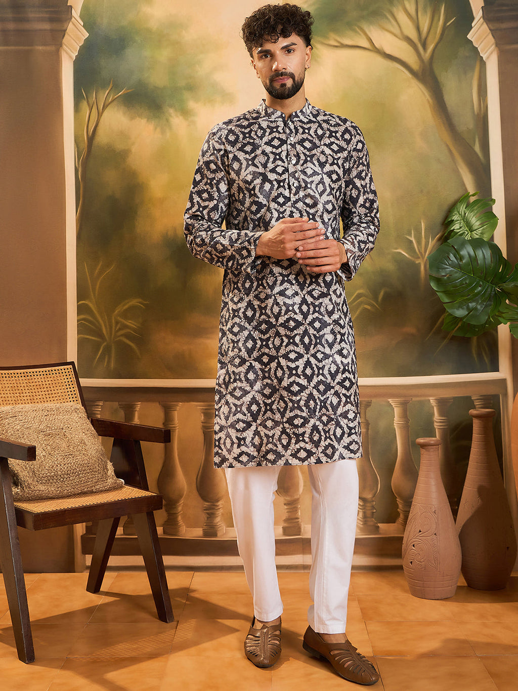 Men Blue Pure Cotton Batik Embroidered Straight Kurta with Trouser-MKSET1460