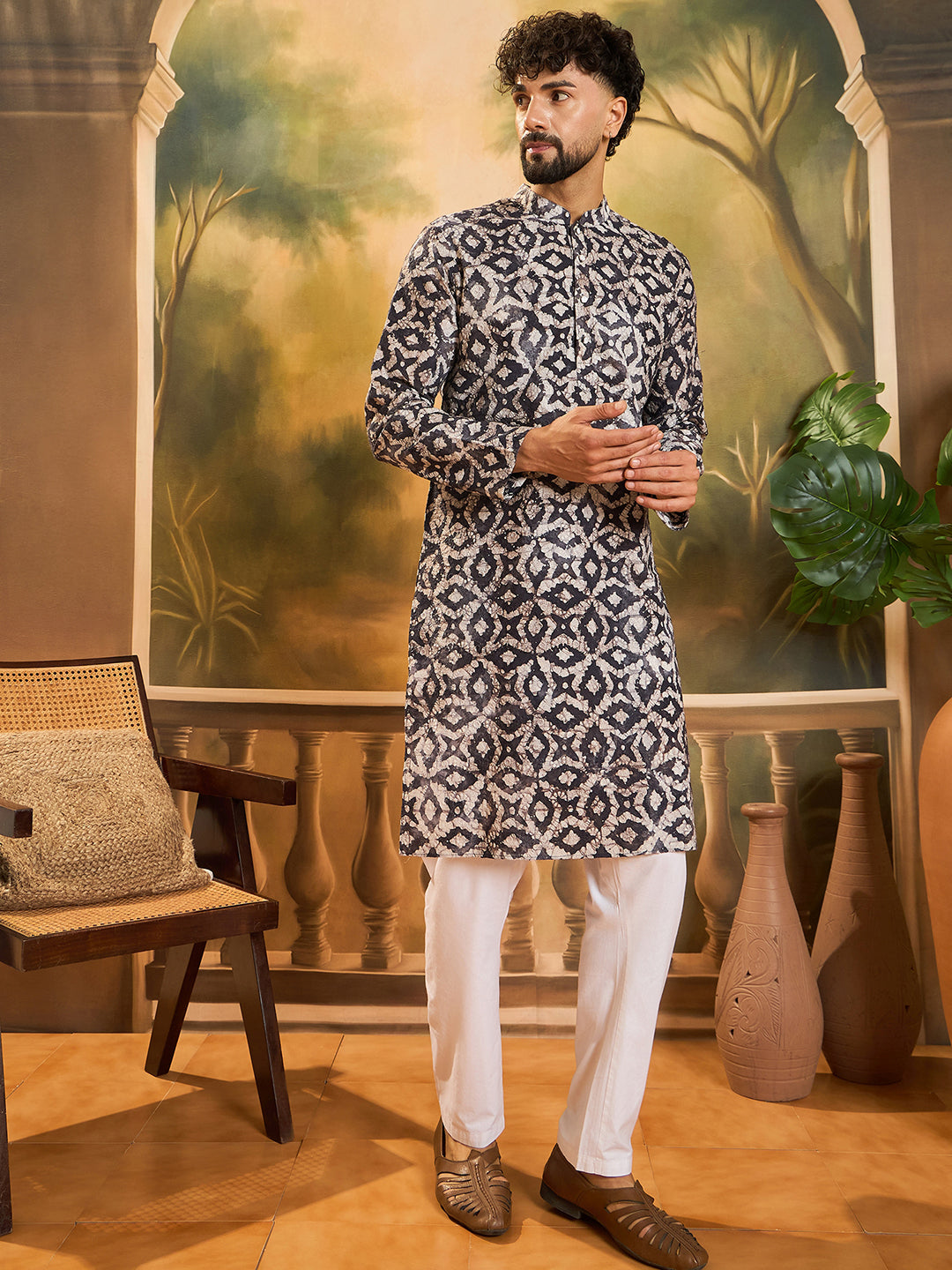 Men Blue Pure Cotton Batik Embroidered Straight Kurta with Trouser-MKSET1460
