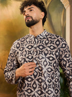 Men Blue Pure Cotton Batik Embroidered Straight Kurta with Trouser-MKSET1460