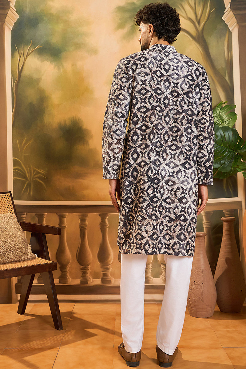 Blue Cotton Batik Embroidered Straight Kurta MKU1460