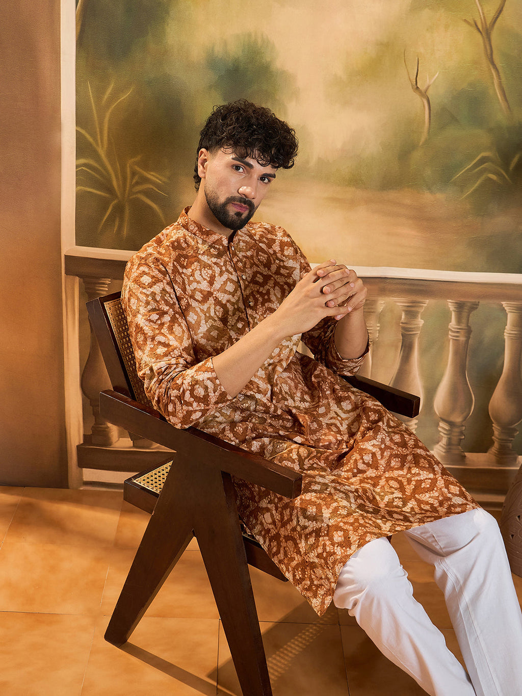 Men Brown Pure Cotton Batik Embroidered Straight Kurta with Trouser-MKSET1461