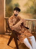 Men Brown Pure Cotton Batik Embroidered Straight Kurta with Trouser-MKSET1461