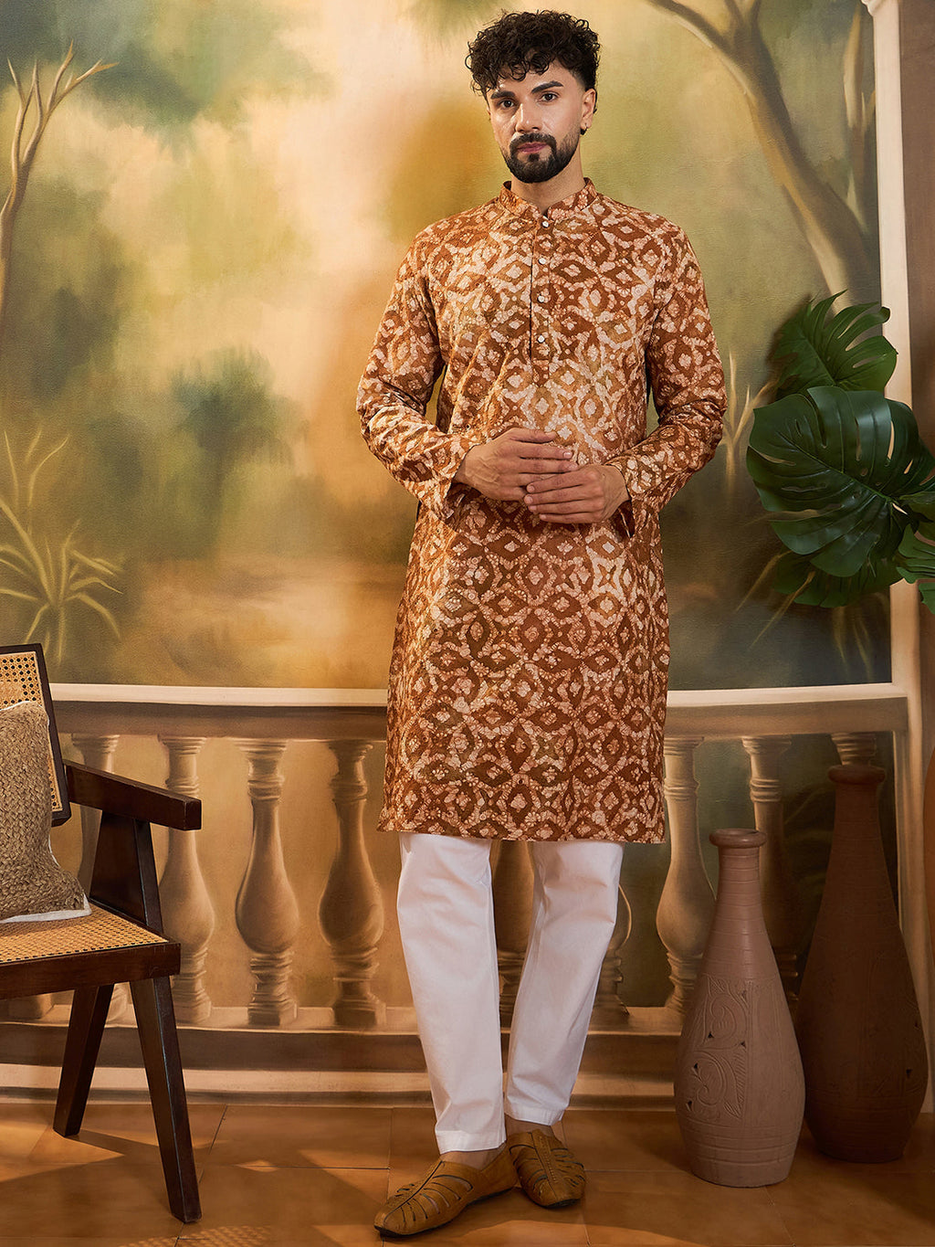 Men Brown Pure Cotton Batik Embroidered Straight Kurta with Trouser-MKSET1461