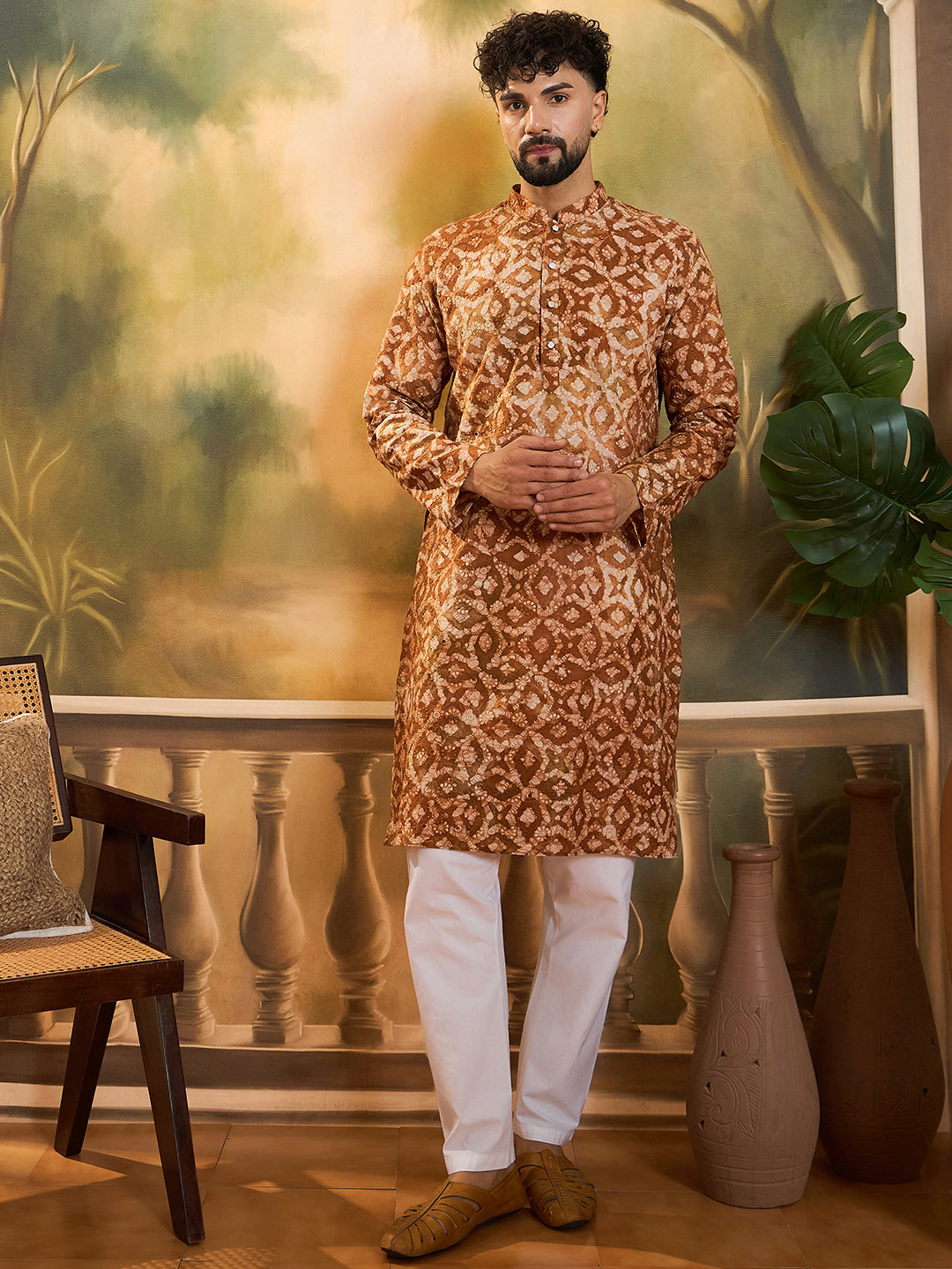 Men Brown Pure Cotton Batik Embroidered Straight Kurta with Trouser-MKSET1461