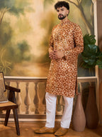 Men Brown Pure Cotton Batik Embroidered Straight Kurta with Trouser-MKSET1461