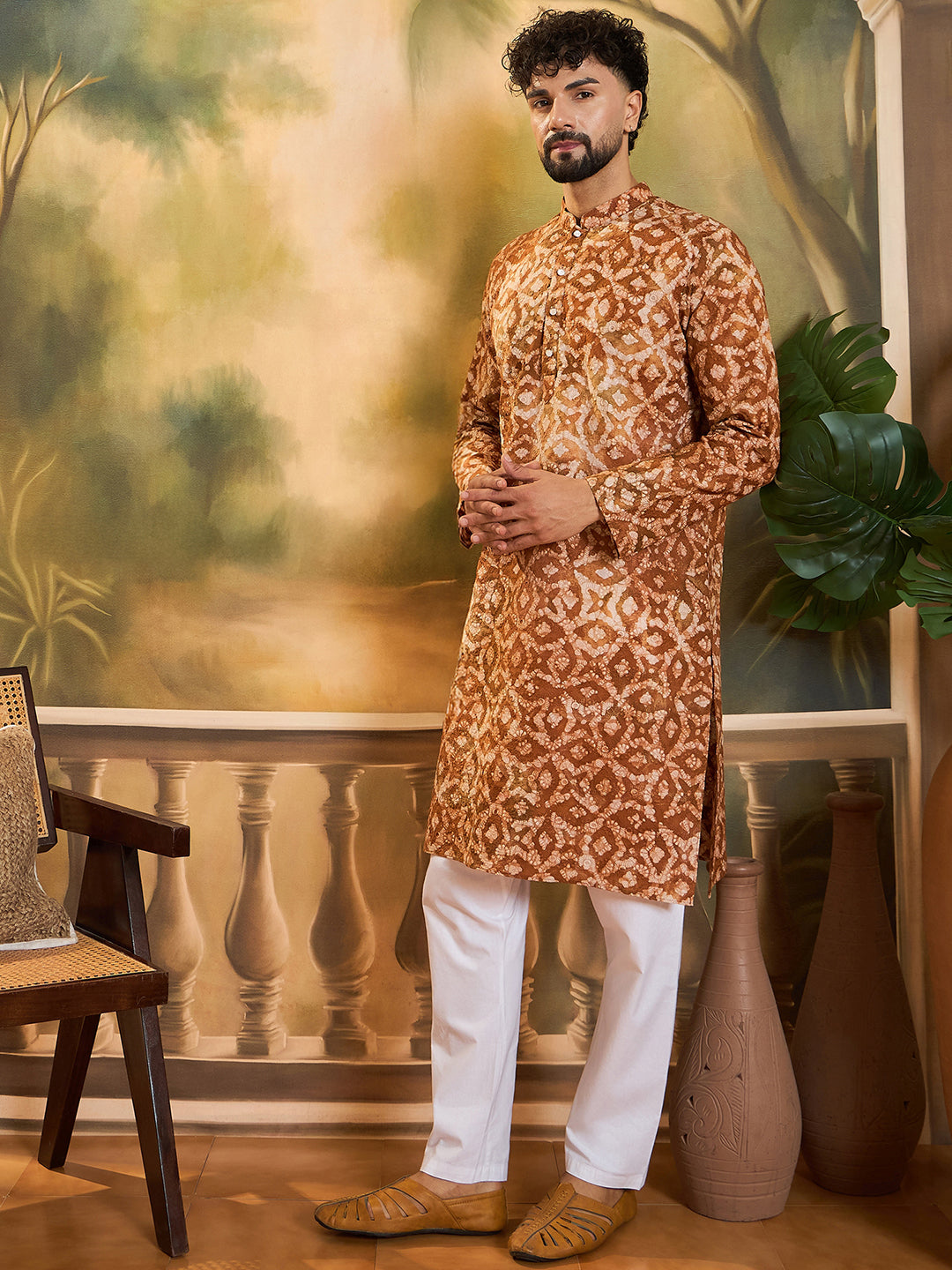 Men Brown Pure Cotton Batik Embroidered Straight Kurta with Trouser-MKSET1461