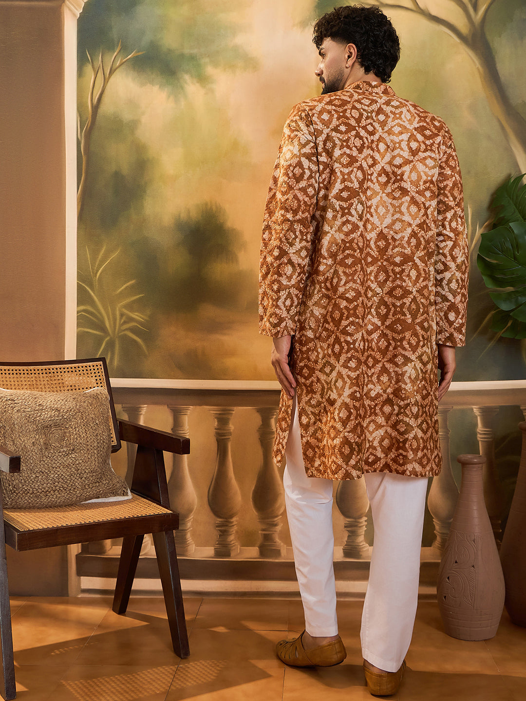 Men Brown Pure Cotton Batik Embroidered Straight Kurta with Trouser-MKSET1461