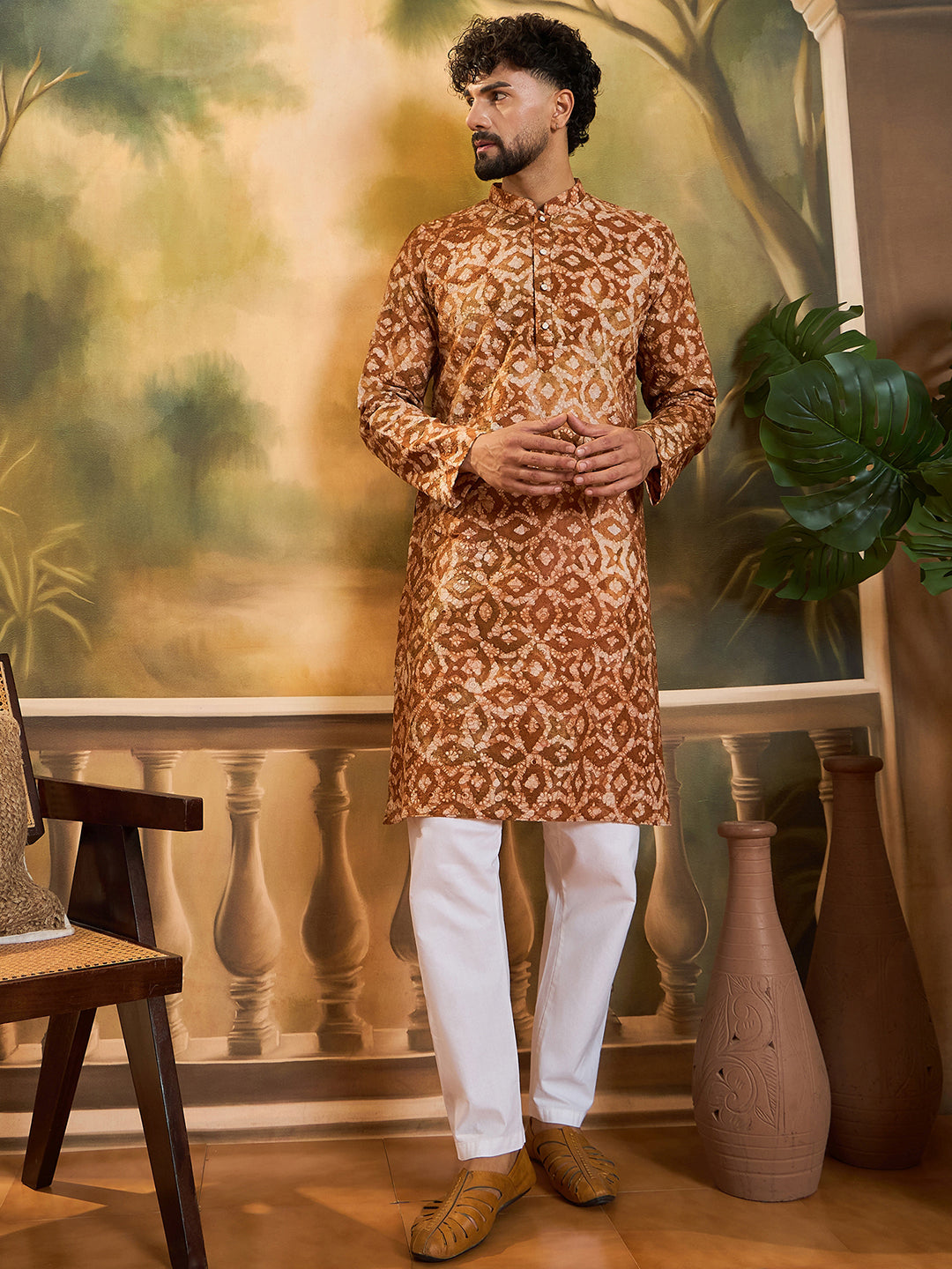 Men Brown Pure Cotton Batik Embroidered Straight Kurta with Trouser-MKSET1461