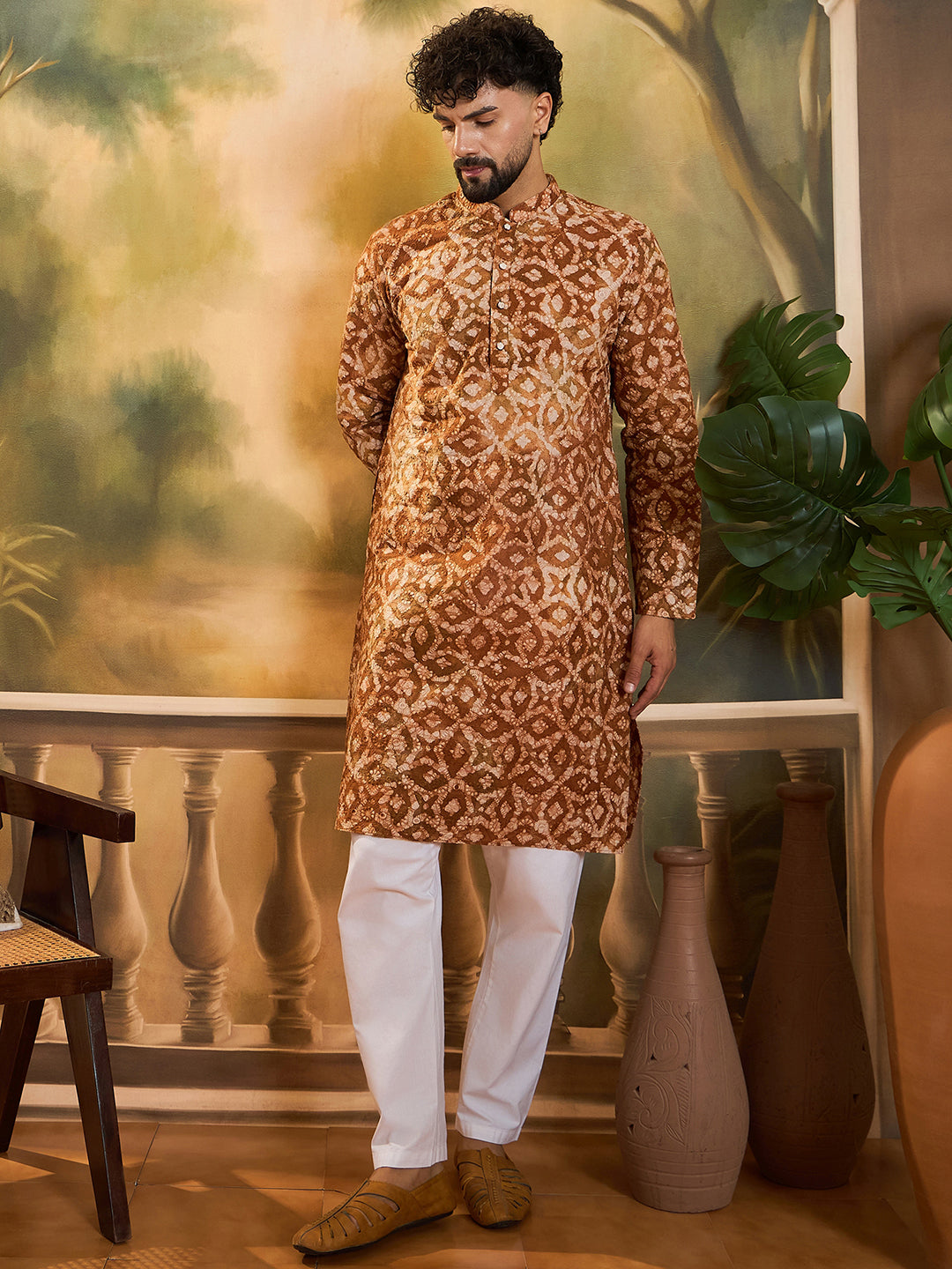 Men Brown Pure Cotton Batik Embroidered Straight Kurta with Trouser-MKSET1461