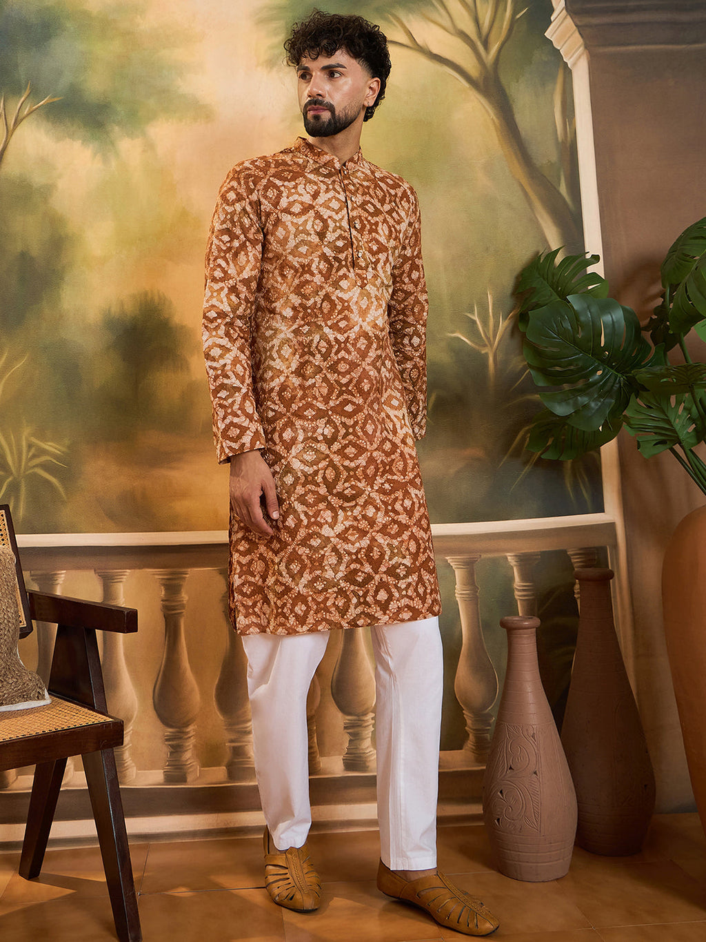 Men Brown Pure Cotton Batik Embroidered Straight Kurta with Trouser-MKSET1461